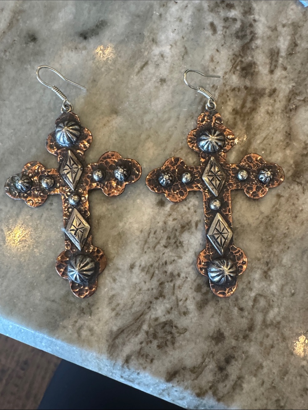 Copper & Silver Tone Cross Drop Earrings